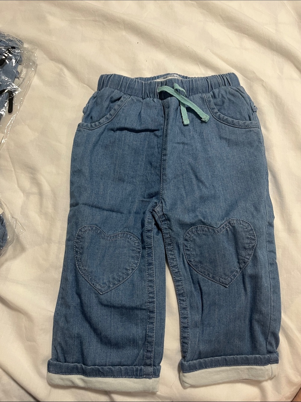 Baby Boden Blue Denim Joggers with Heart Knee Patches